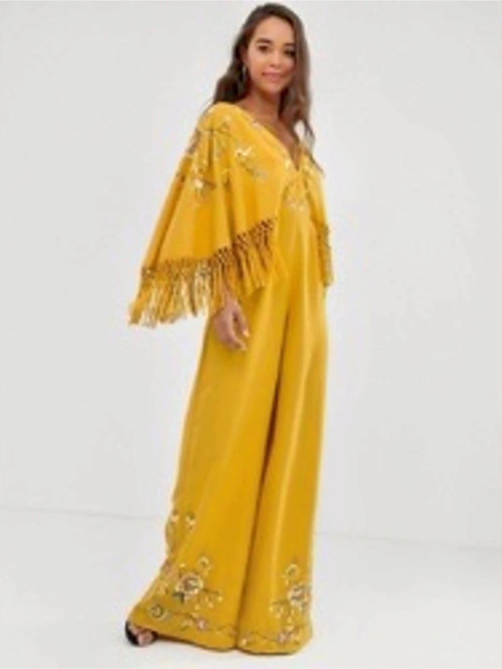 ASOS DESIGN Embroidered Fringe Overlay Satin Jumpsuit Floral Embroidered Fringe